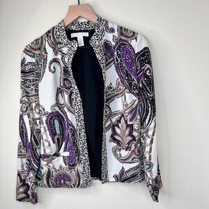 Chico's Women's Paisley Print Jacket Purple Size 0 Long Sleeve Shoulder …